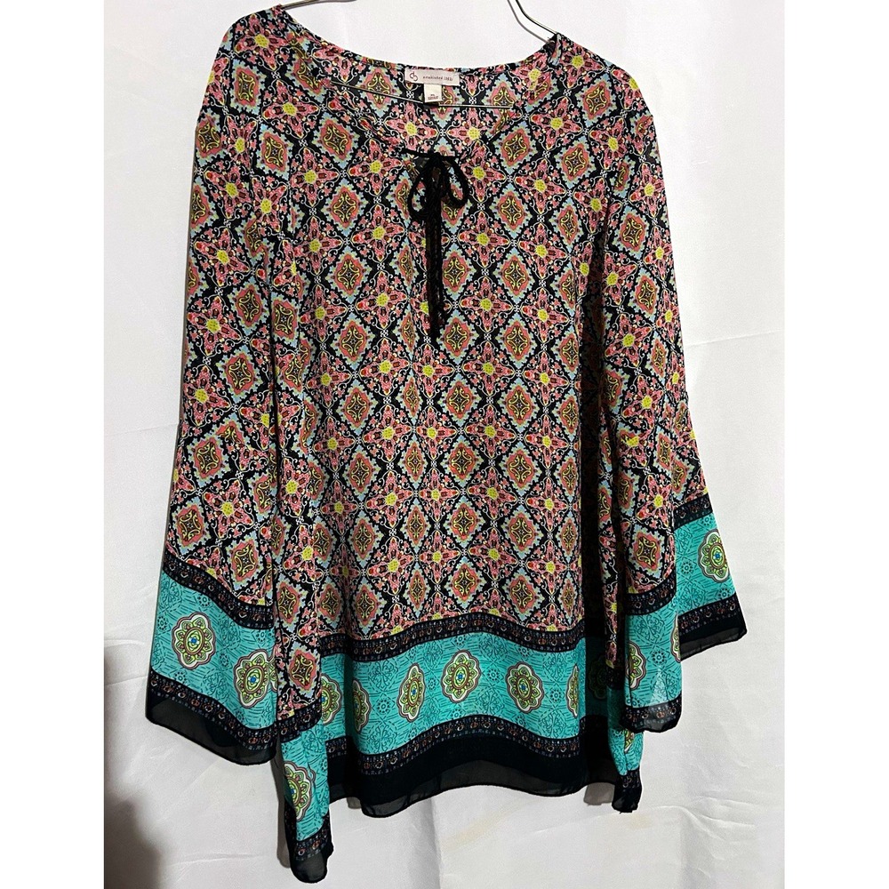 cb Multicolor Geometric Sheer Chiffon Tunic Blouse Round Neck 3/4 XL